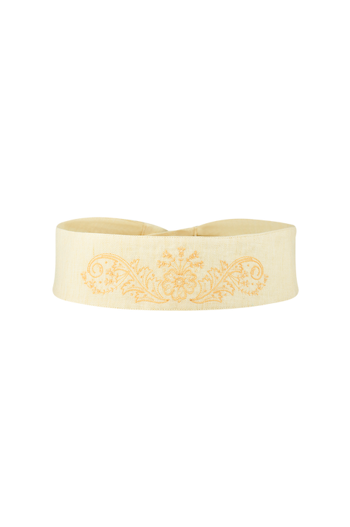 Tie belt with satin stitch embroidery