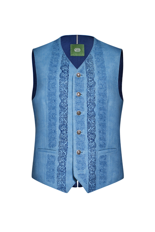 Blaudruck-Gilet mit Reliefstickerei